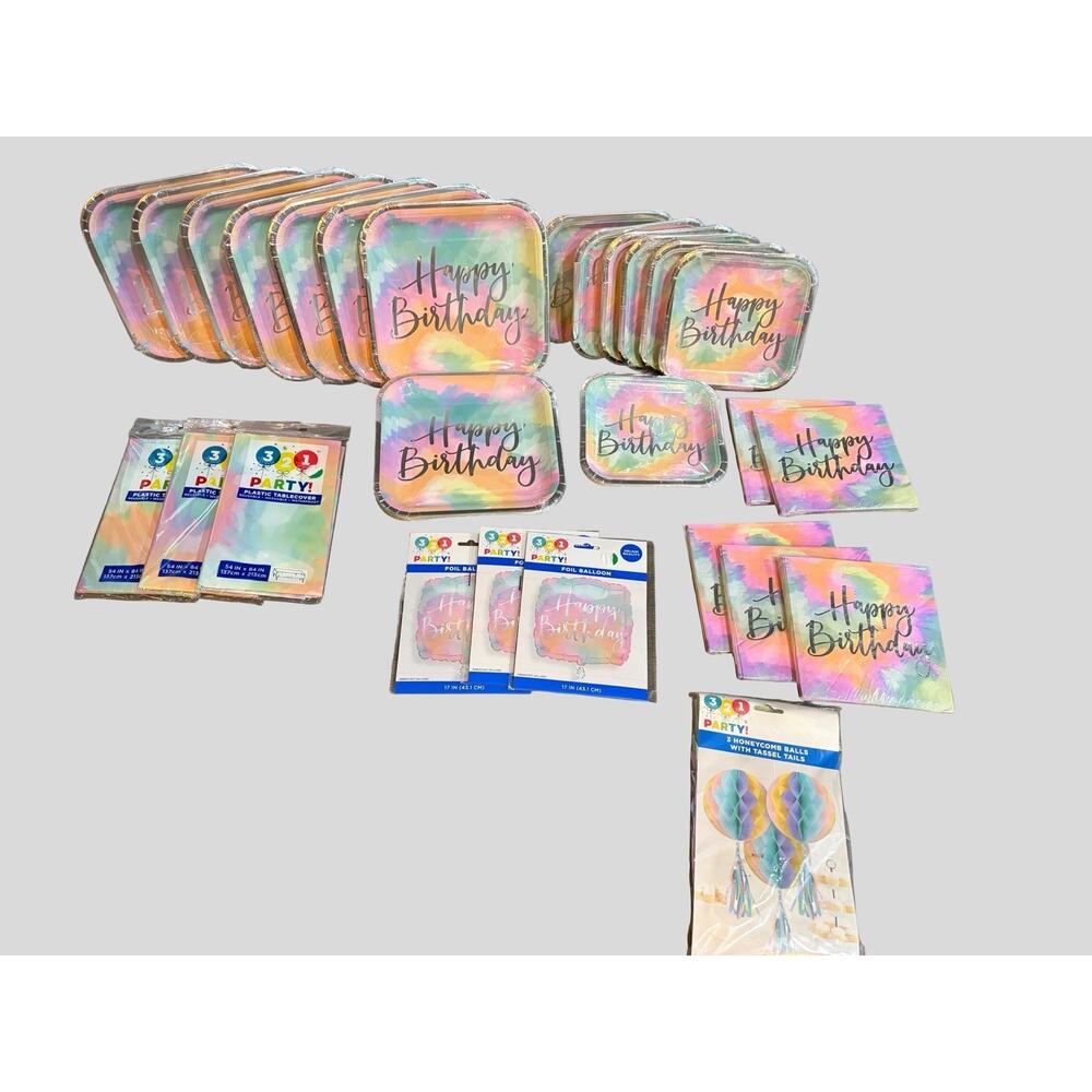 Pastel Tie Dye Birthday Party Supplies Bundle Plates Napkins Decor Balloons Lot